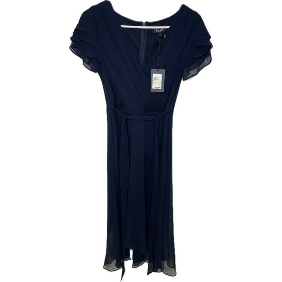 DKNY Faux Wrap Asymmetrical Short Sleeve V Neck Midi Dress 4 S Navy Blue NWT - Picture 2 of 9